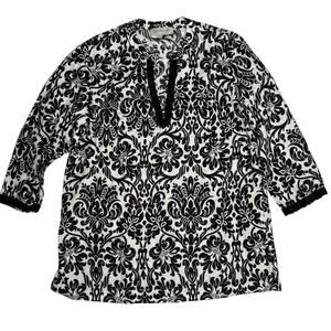 Jones New York Sport Womens Medium Tunic Top Black White Damask Print 3/4 Sleeve